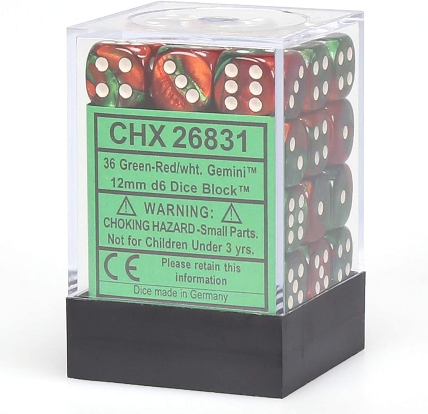 Chessex Dice: D6 Block 12mm - Gemini - Green-Red with White (CHX 26831) - Gamescape