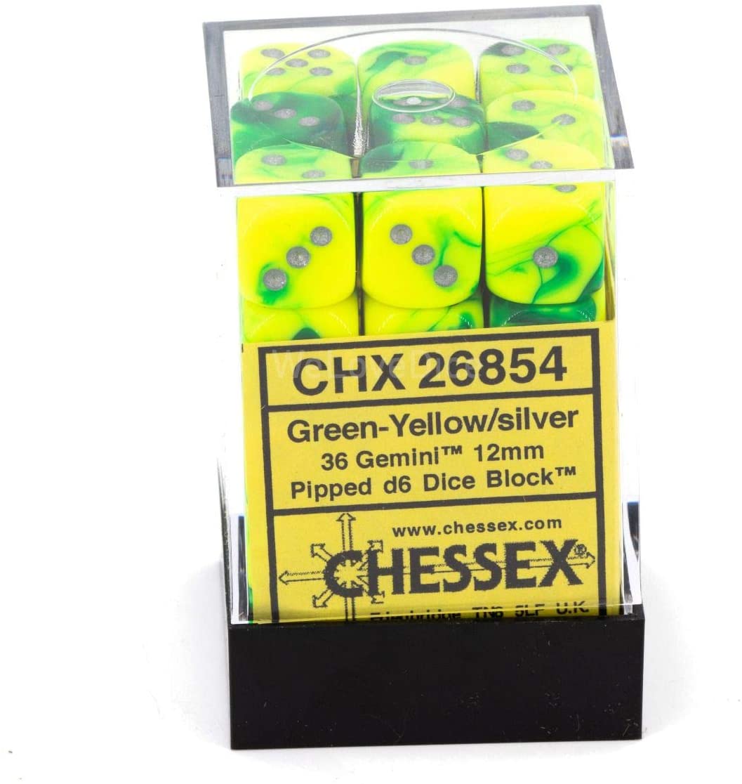 Chessex Dice: D6 Block 12mm - Gemini - Green-Yellow with Silver (CHX 26854) - Gamescape