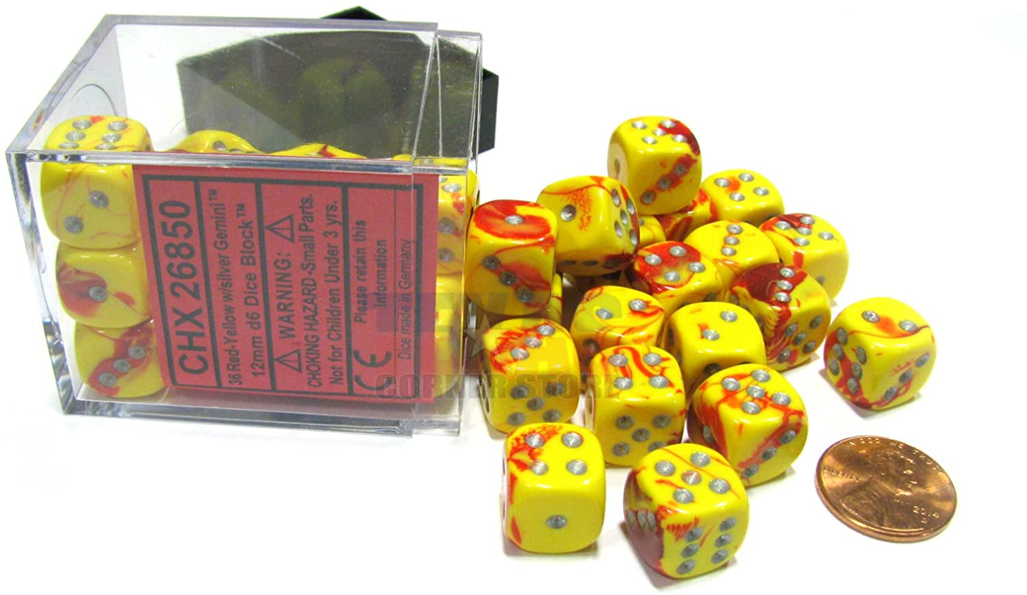 Chessex Dice: D6 Block 12mm - Gemini - Red-Yellow with Silver (CHX 26850) - Gamescape