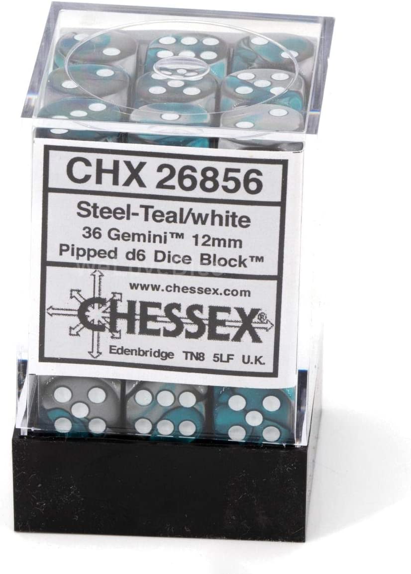 Chessex Dice: D6 Block 12mm - Gemini - Steel-Teal with White (CHX 26856) - Gamescape