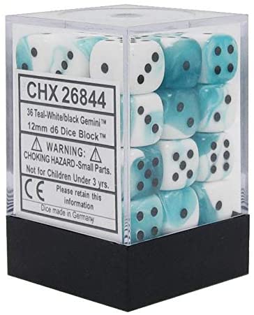 Chessex Dice: D6 Block 12mm - Gemini - Teal-White with Black (CHX 26844) - Gamescape