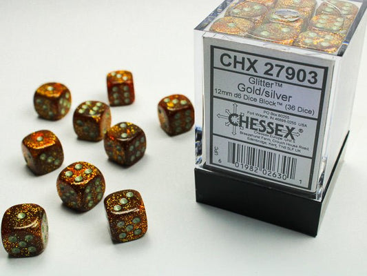 Chessex Dice: D6 Block 12mm - Glitter - Gold with Silver (CHX 27903) - Gamescape