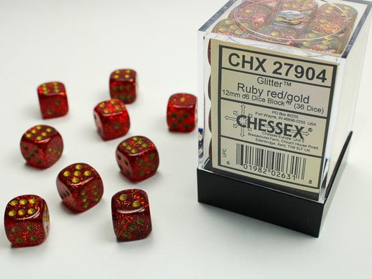 Chessex Dice: D6 Block 12mm - Glitter - Ruby Red with Gold (CHX 27904) - Gamescape