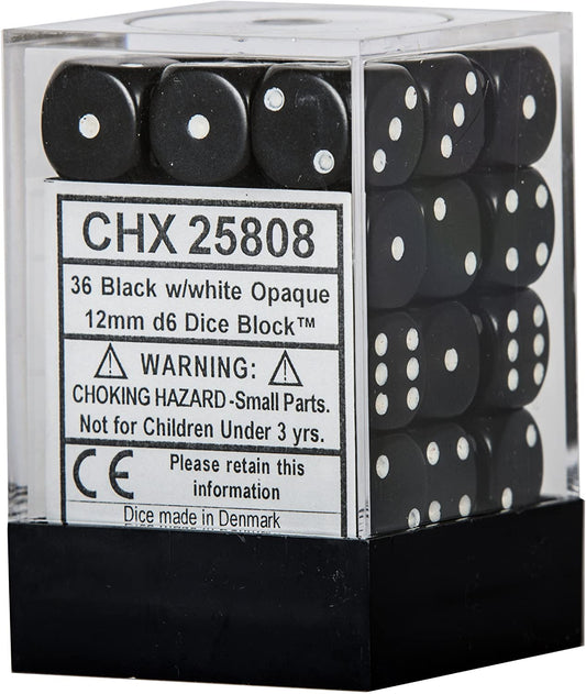 Chessex Dice: D6 Block 12mm - Opaque - Black with White (CHX 25808) - Gamescape