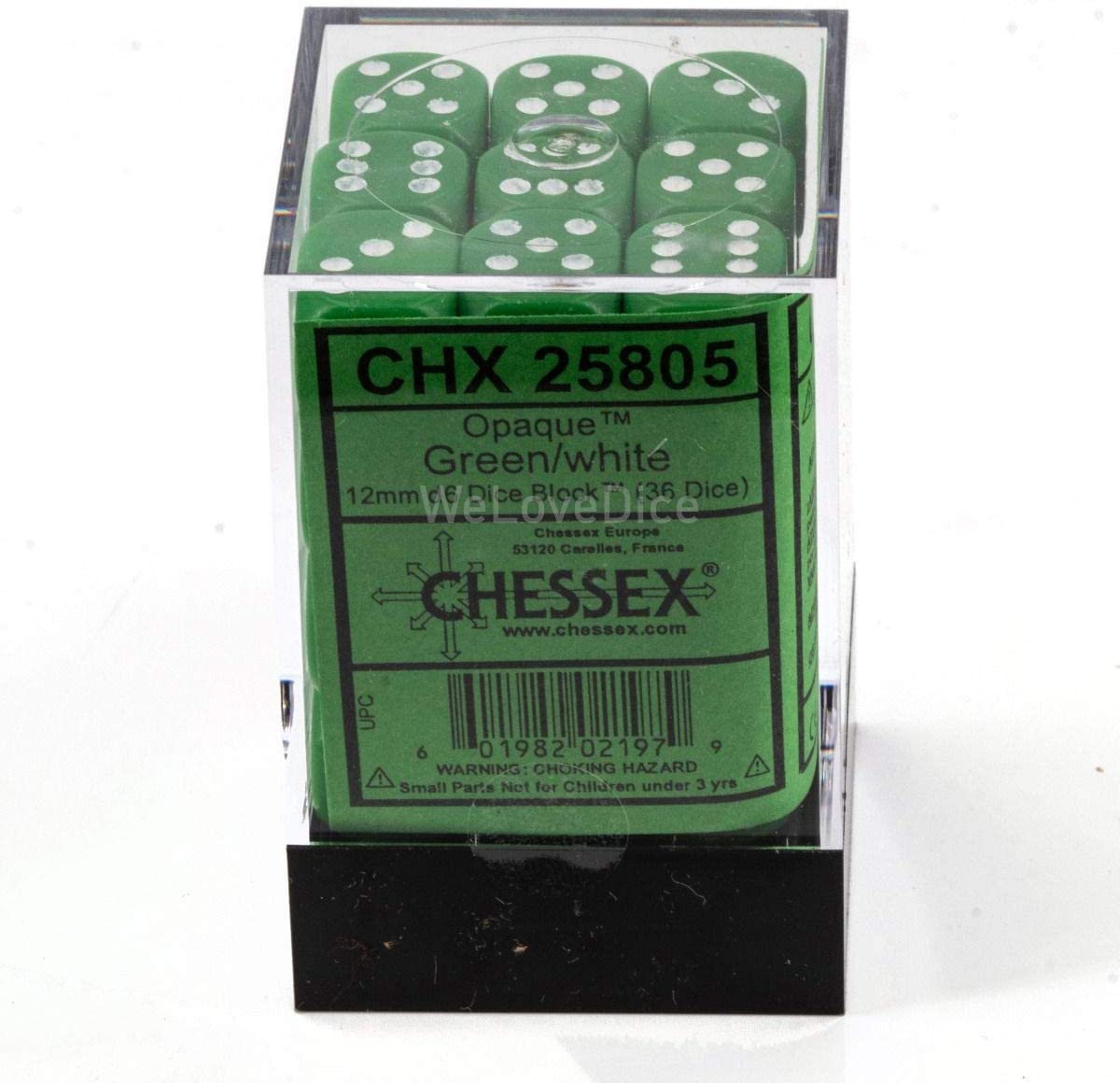 Chessex Dice: D6 Block 12mm - Opaque - Green with White (CHX 25805) - Gamescape
