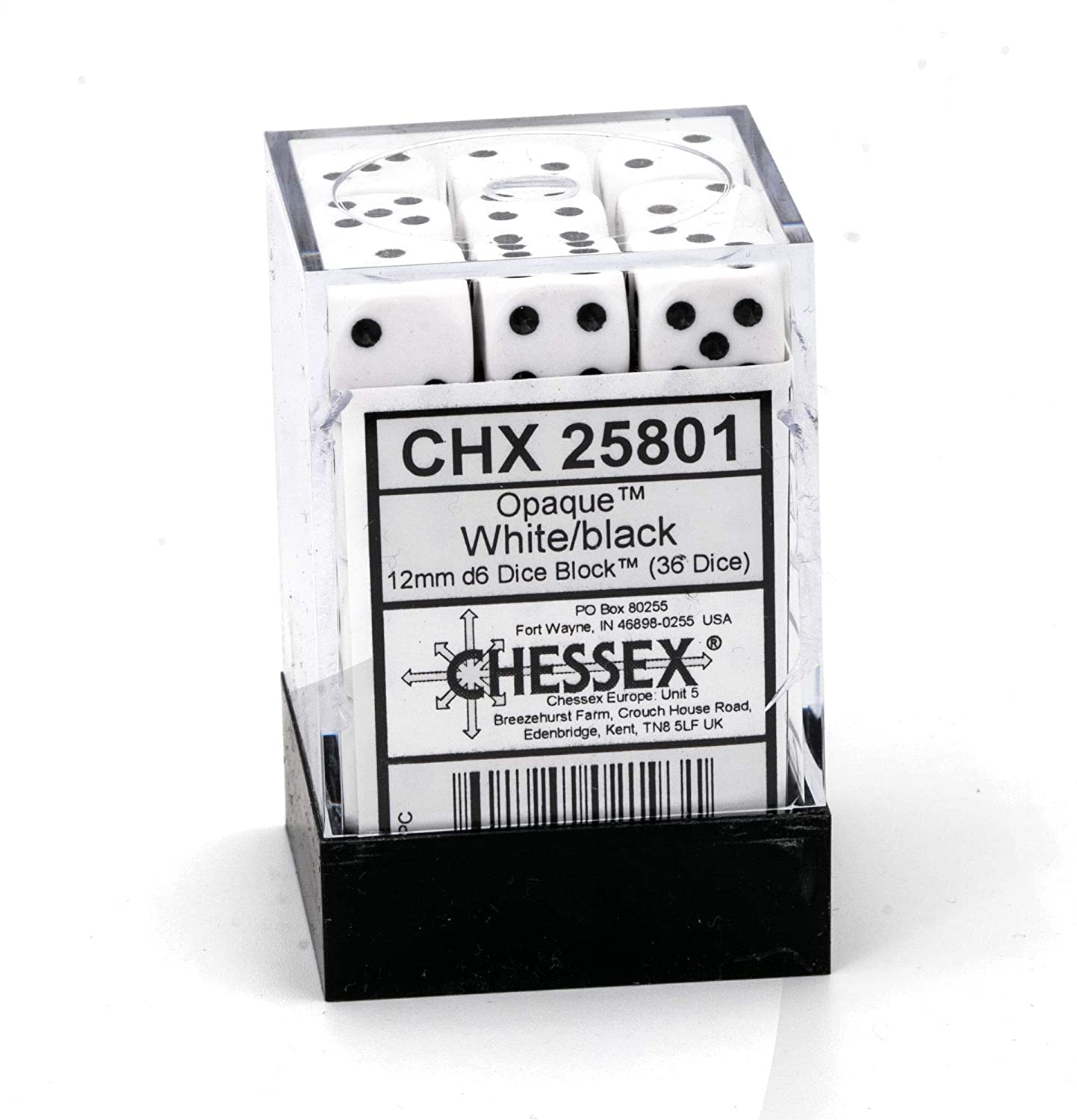 Chessex Dice: D6 Block 12mm - Opaque - White with Black (CHX 25801) - Gamescape