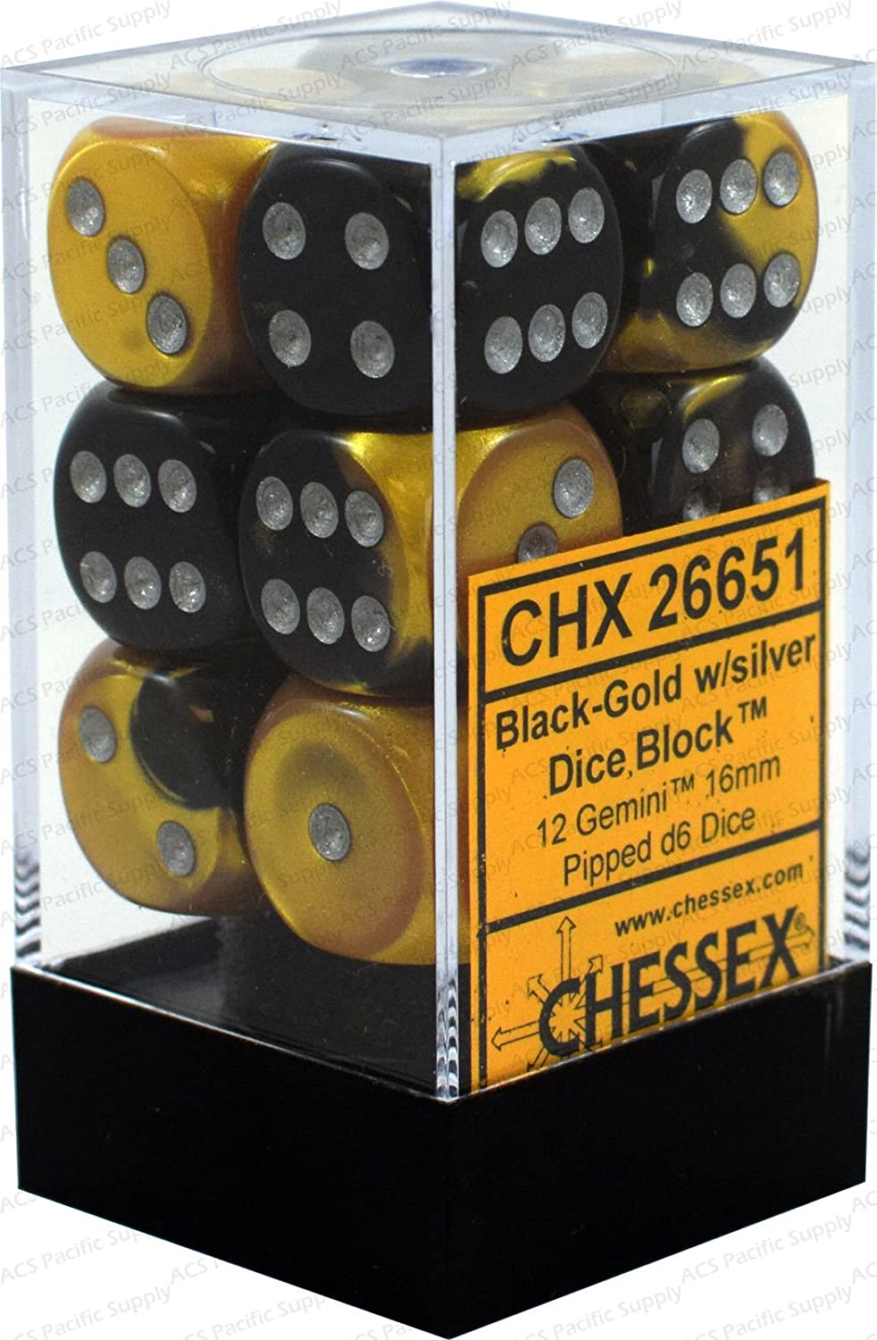 Chessex Dice: D6 Block 16mm - Gemini - Black-Gold with Silver (CHX 26651) - Gamescape