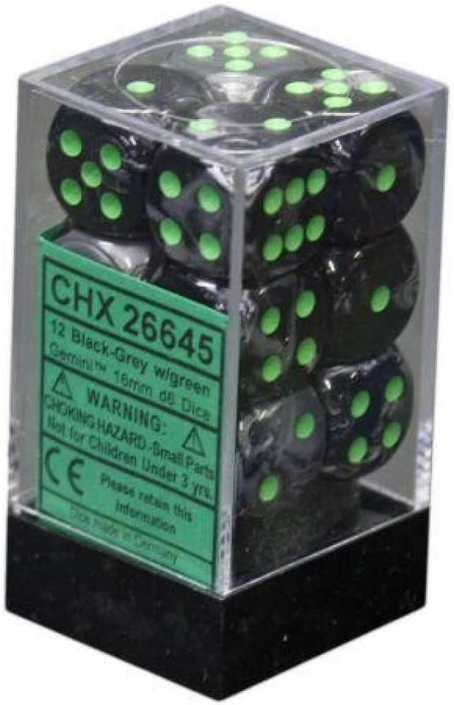 Chessex Dice: D6 Block 16mm - Gemini - Black-Grey with Green (CHX 26645) - Gamescape