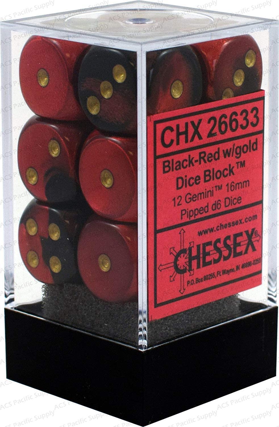 Chessex Dice: D6 Block 16mm - Gemini - Black-Red with Gold (CHX 26633) - Gamescape