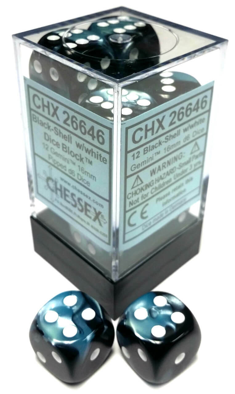 Chessex Dice: D6 Block 16mm - Gemini - Black-Shell with White (CHX 26646) - Gamescape