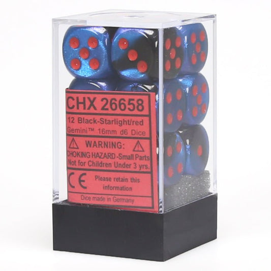 Chessex Dice: D6 Block 16mm - Gemini - Black Starlight with Red (CHX 26658) - Gamescape
