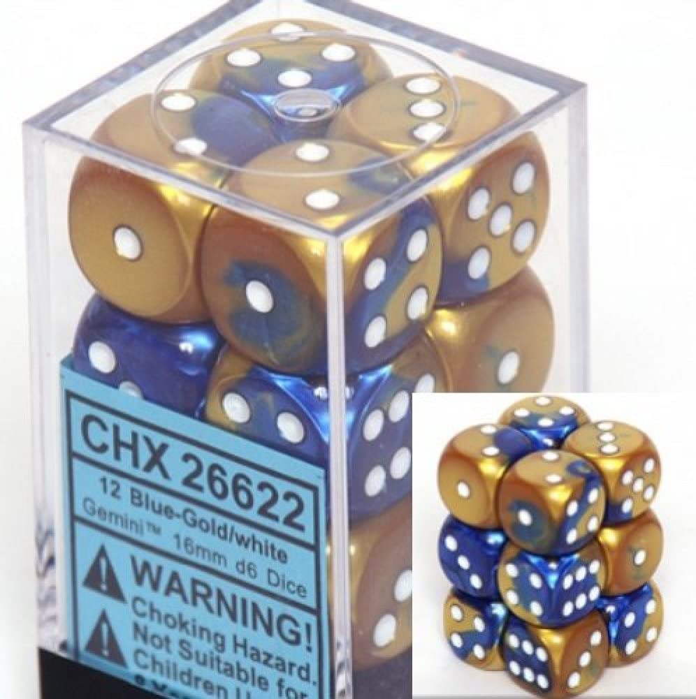 Chessex Dice: D6 Block 16mm - Gemini - Blue-Gold with White (CHX 26622) - Gamescape