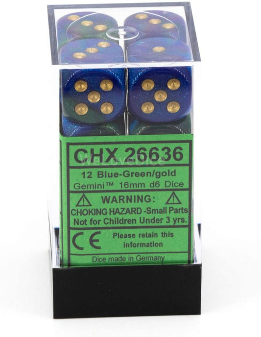Chessex Dice: D6 Block 16mm - Gemini - Blue-Green with Gold (CHX 26636) - Gamescape