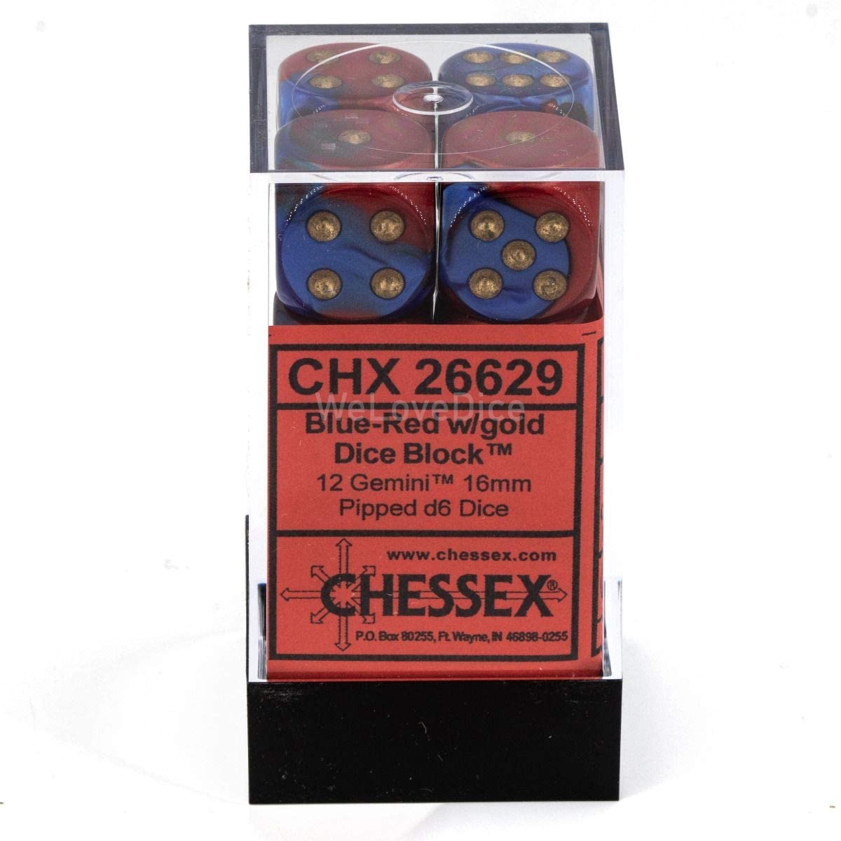 Chessex Dice: D6 Block 16mm - Gemini - Blue-Red with Gold (CHX 26629) - Gamescape