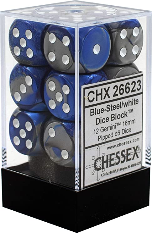 Chessex Dice: D6 Block 16mm - Gemini - Blue-Steel with White (CHX 26623) - Gamescape