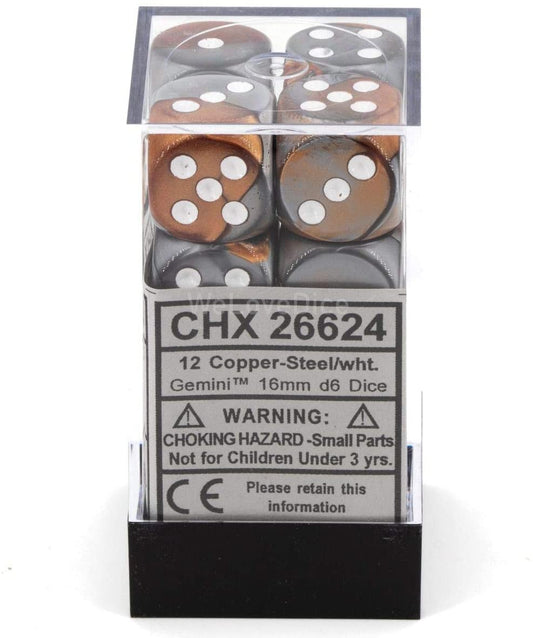 Chessex Dice: D6 Block 16mm - Gemini - Copper-Steel with White (CHX 26624) - Gamescape