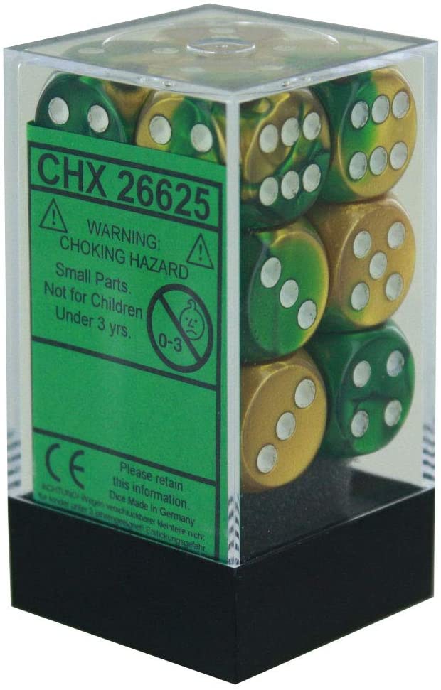 Chessex Dice: D6 Block 16mm - Gemini - Gold-Green with White (CHX 26625) - Gamescape