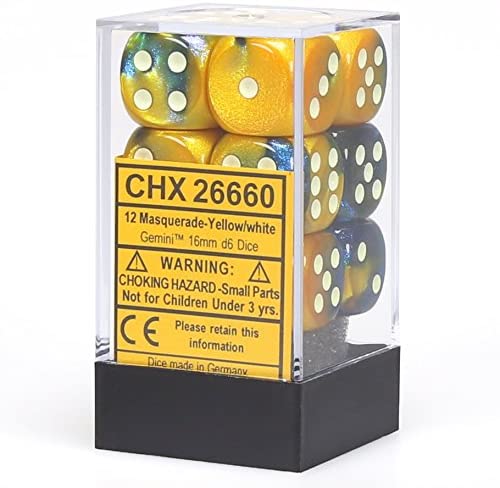 Chessex Dice: D6 Block 16mm - Gemini - Masquerade-Yellow with White (CHX 26660) - Gamescape