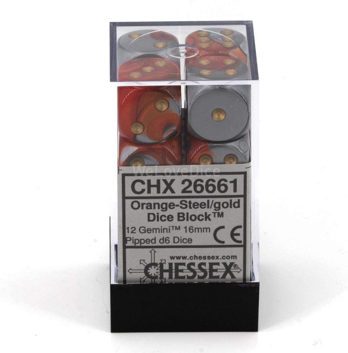 Chessex Dice: D6 Block 16mm - Gemini - Orange Steel with Gold (CHX 26661) - Gamescape