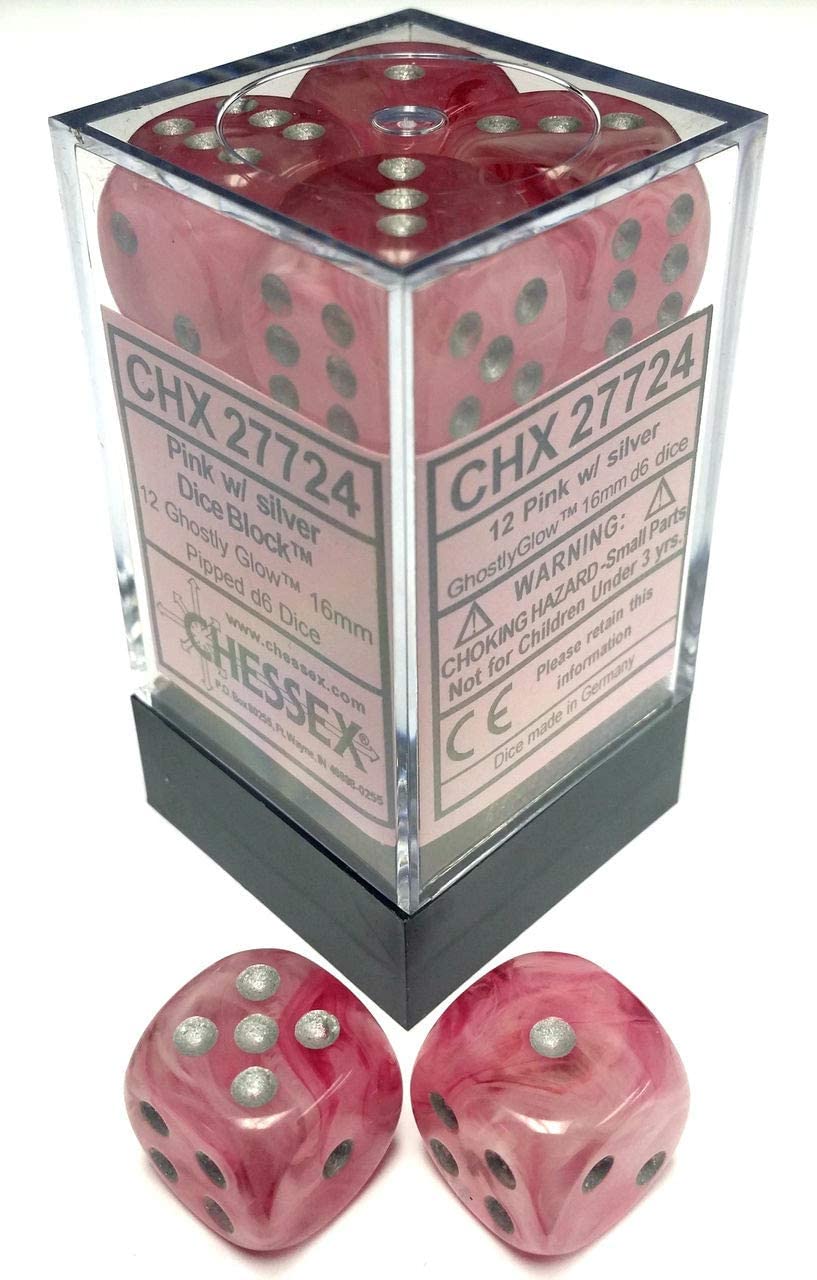 Chessex Dice: D6 Block 16mm - Ghostly Glow - Pink with Silver (CHX 27724) - Gamescape