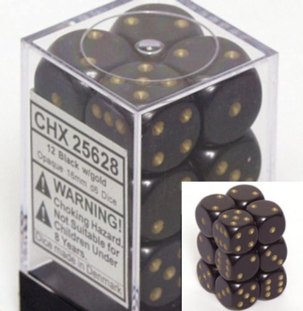Chessex Dice: D6 Block 16mm - Opaque - Black with Gold (CHX 25628) - Gamescape
