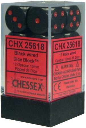 Chessex Dice: D6 Block 16mm - Opaque - Black with Red (CHX 25618) - Gamescape