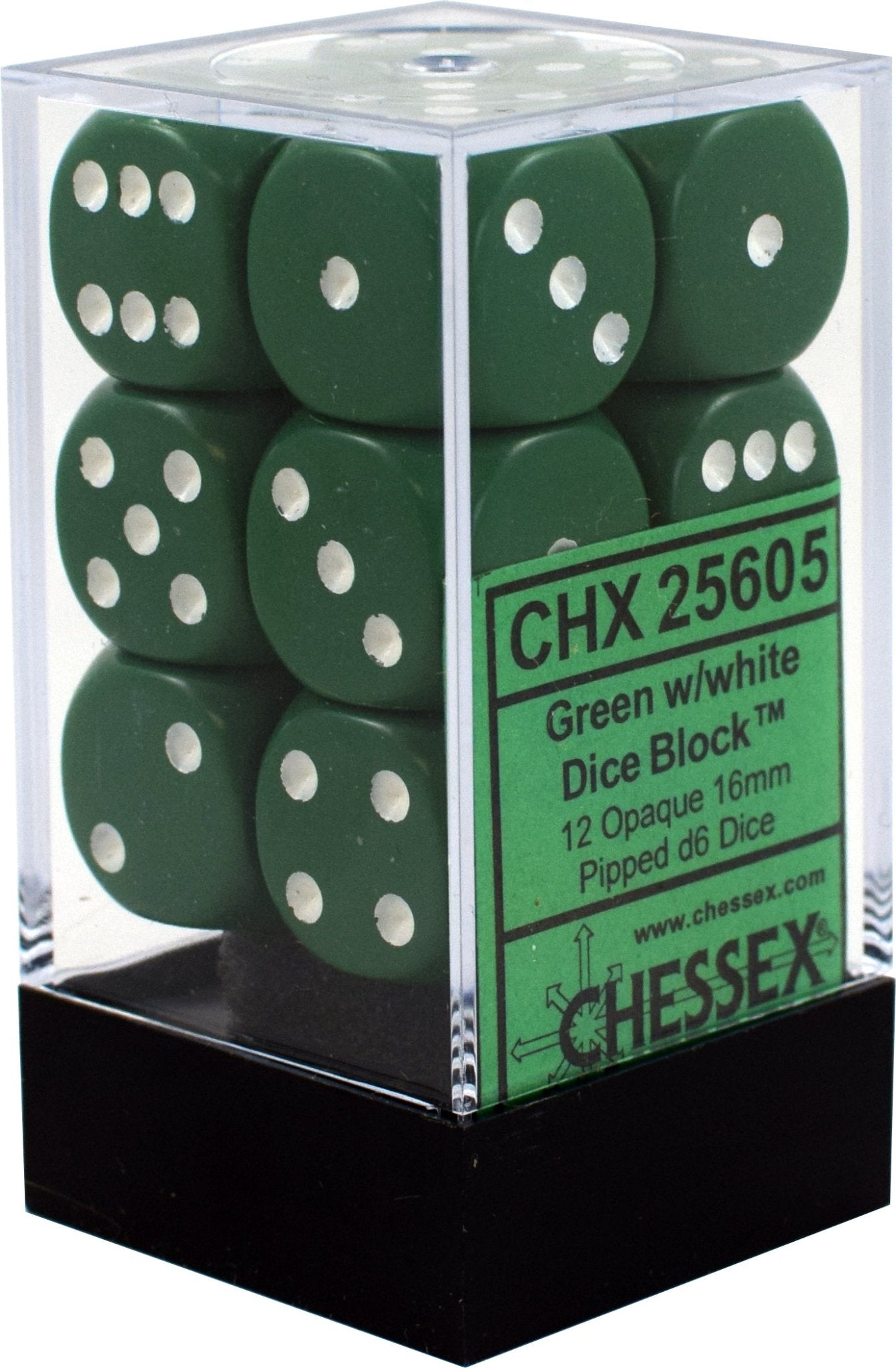 Chessex Dice: D6 Block 16mm - Opaque - Green with White (CHX 25605) - Gamescape