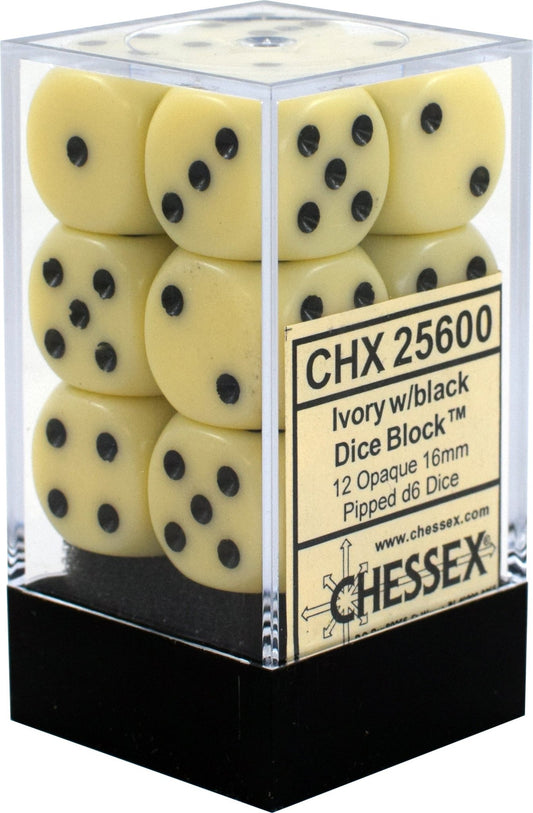 Chessex Dice: D6 Block 16mm - Opaque - Ivory with Black (CHX 25600) - Gamescape