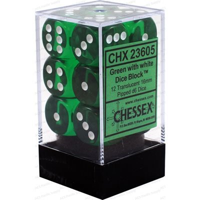 Chessex Dice: D6 Block 16mm - Translucent - Green with White (CHX 23605) - Gamescape