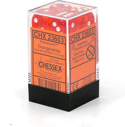 Chessex Dice: D6 Block 16mm - Translucent - Orange with White (CHX 23603) - Gamescape