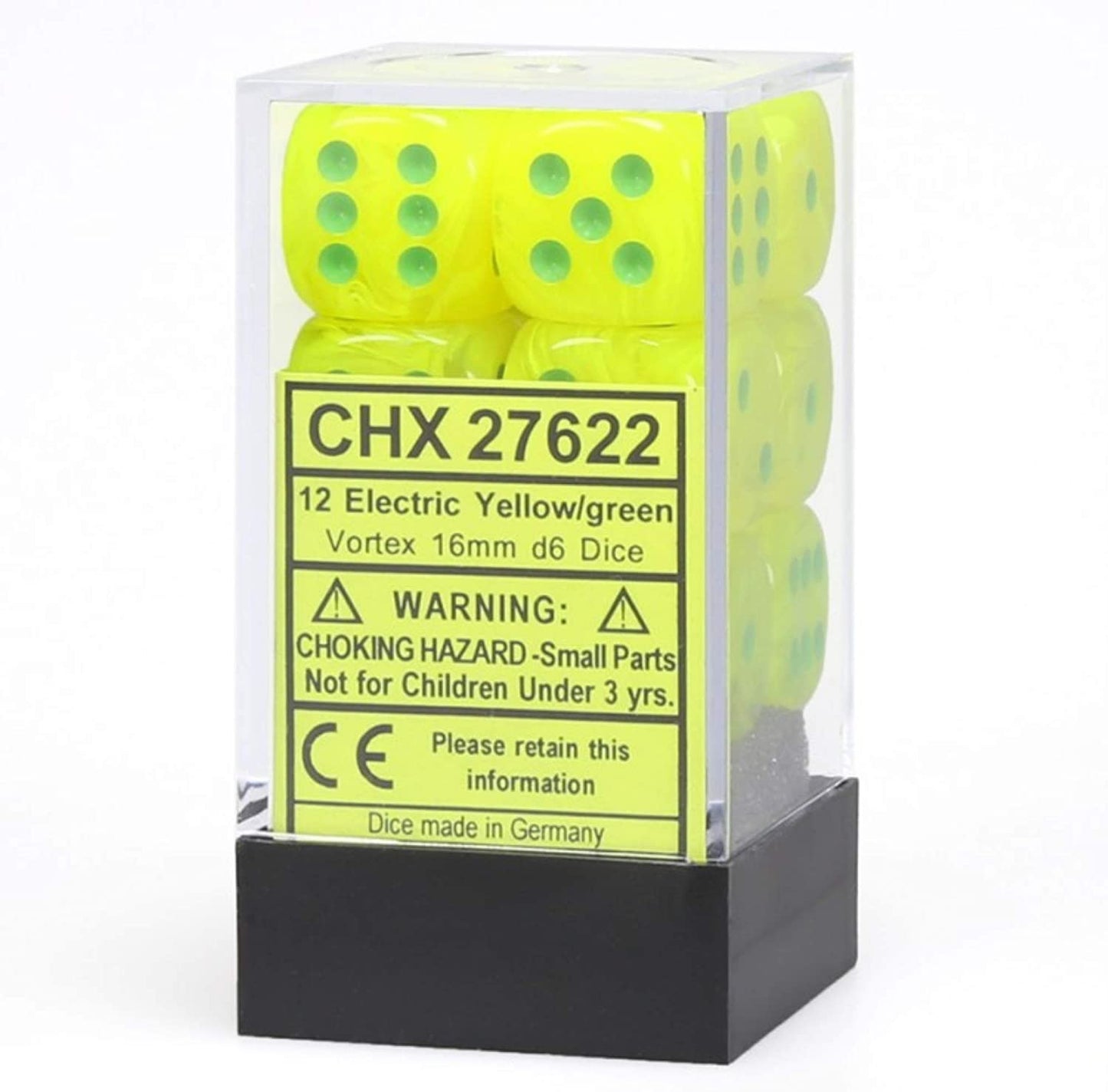 Chessex Dice: D6 Block 16mm - Vortex - Electric Yellow with Green (CHX 27622) - Gamescape