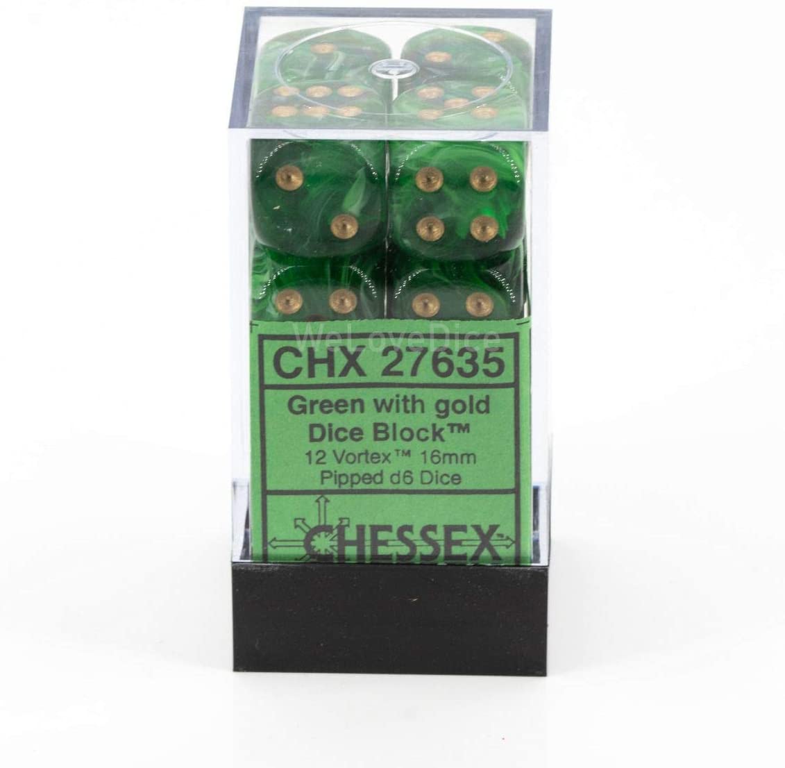Chessex Dice: D6 Block 16mm - Vortex - Green with Gold (CHX 27635) - Gamescape