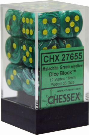 Chessex Dice: D6 Block 16mm - Vortex - Malachite Green with Yellow (CHX 27655) - Gamescape