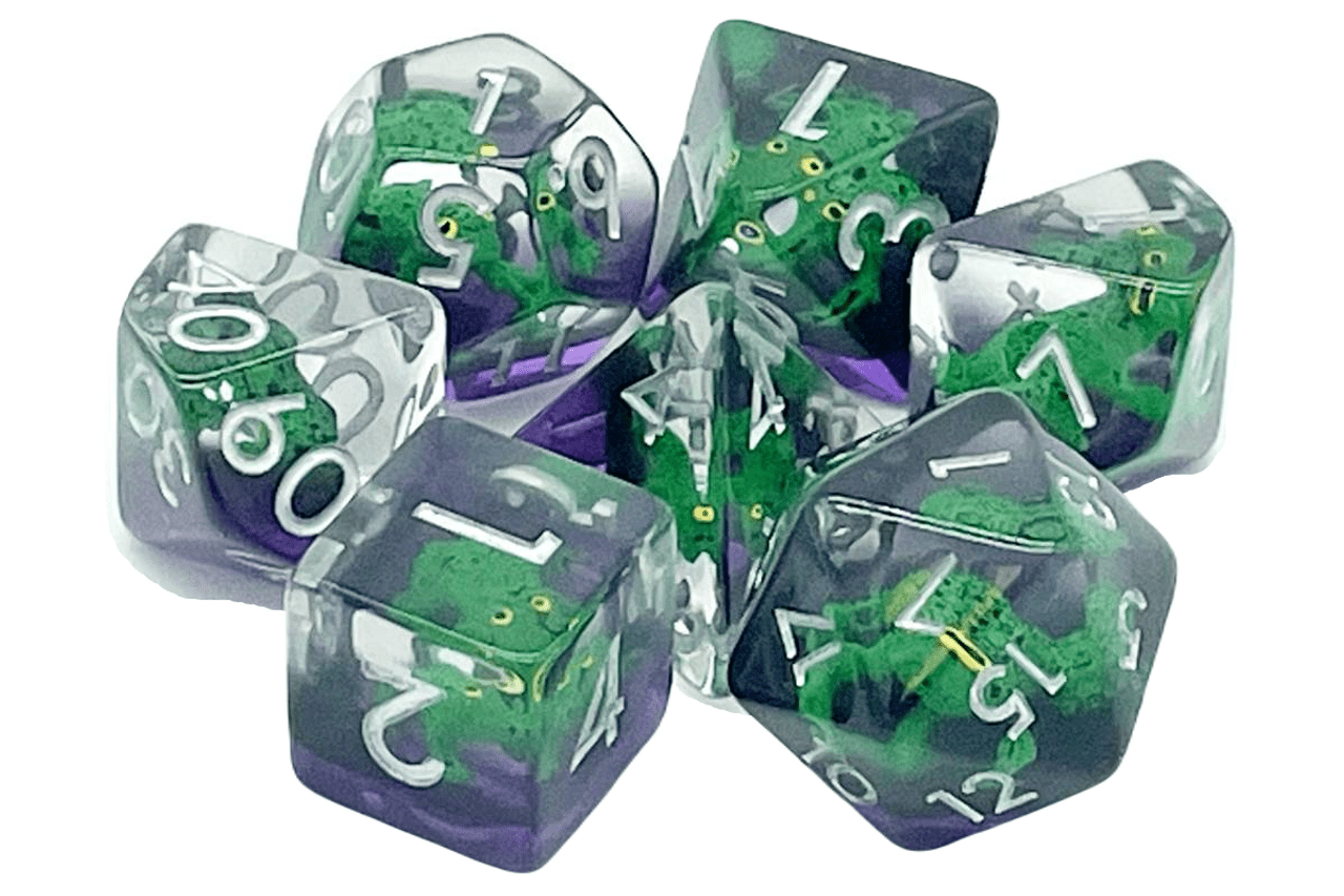 Old School Dice: 7 Die Set - Animal Kingdom - Toad - Green with Purple - Gamescape