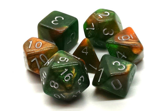 Old School Dice: 7 Die Set - Galaxy - Emerald & Orange - Gamescape