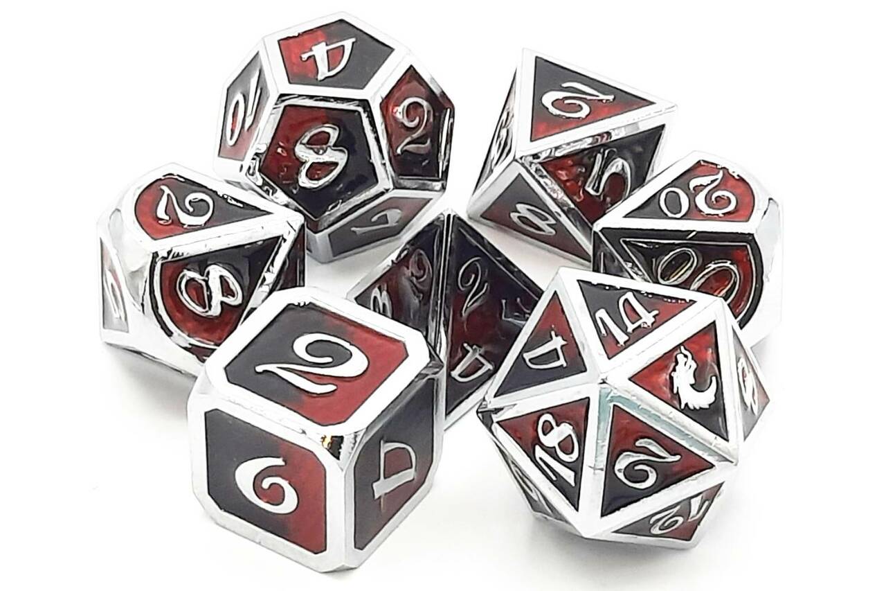 Old School Dice: 7 Die Set - Metallic - Dragon Scale - Black & Red - Gamescape