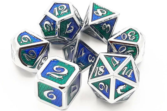 Old School Dice: 7 Die Set - Metallic - Dragon Scale - Blue & Green - Gamescape