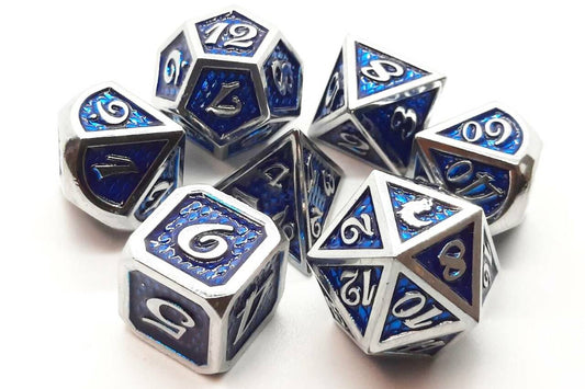 Old School Dice: 7 Die Set - Metallic - Dragon Scale - Blue - Gamescape