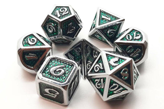 Old School Dice: 7 Die Set - Metallic - Dragon Scale - Green - Gamescape