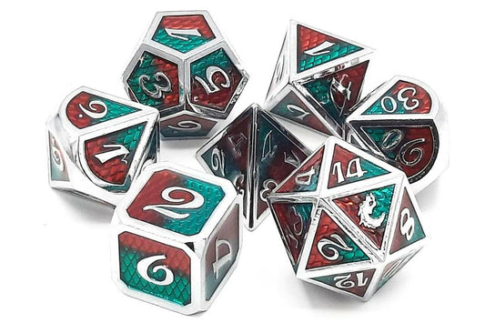 Old School Dice: 7 Die Set - Metallic - Dragon Scale - Red & Green - Gamescape