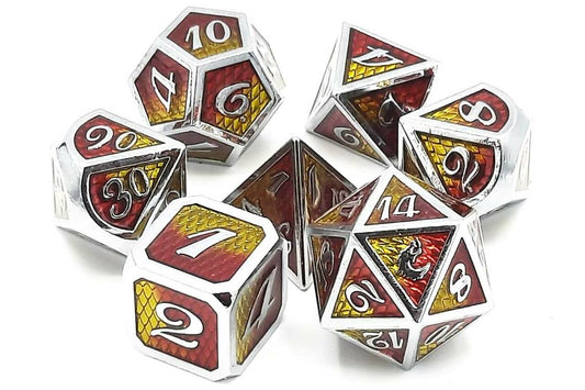 Old School Dice: 7 Die Set - Metallic - Dragon Scale - Yellow & Red - Gamescape