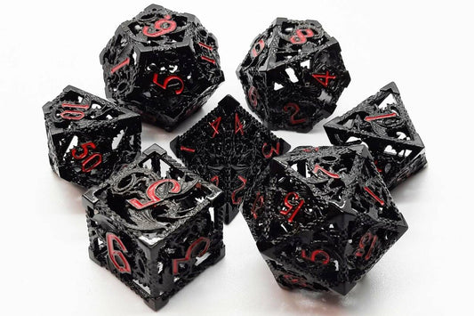 Old School Dice: 7 Die Set - Metallic - Hollow Dragon Dice - Black with Red - Gamescape