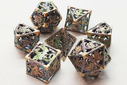 Old School Dice: 7 Die Set - Metallic - Hollow Dragon Dice - Spectral with Gold - Gamescape