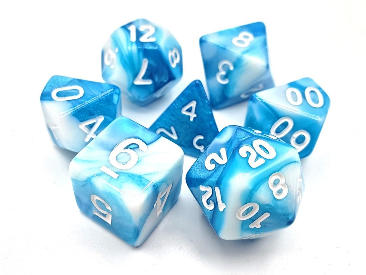 Old School Dice: 7 Die Set - Vorpal - Baby Blue & White with White - Gamescape
