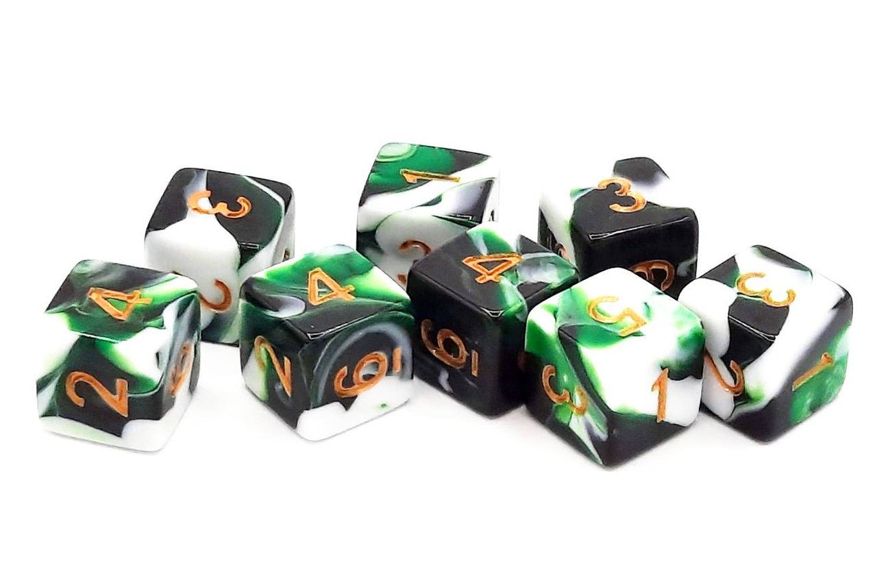 Old School Dice: 8 Piece D6 Dice Set - Vorpal - Green & White with Gold - Gamescape