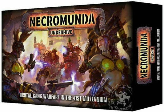 Necromunda Underhive board game box cover featuring intense gang warfare in the 41st millennium with armed characters in futuristic armor and weapons, highlighting brutal combat scenes.